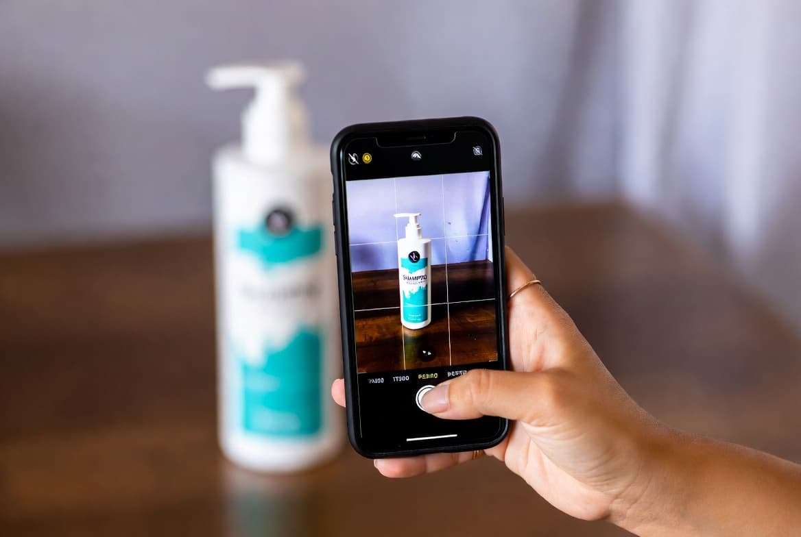 Person scanning cosmetic product ingredients with smartphone app